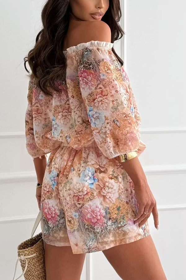 Fiorito Chiffon Floral Print Off Shoulder Top and Elastic Waist Tie-up Loose Shorts Set