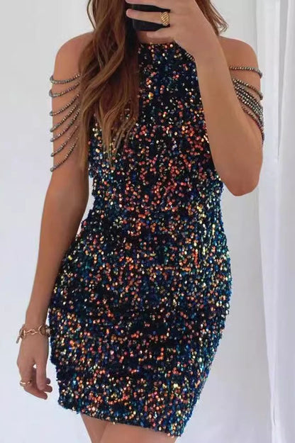 Crystal Fringe Halter Sequin Bodycon Cocktail Dress