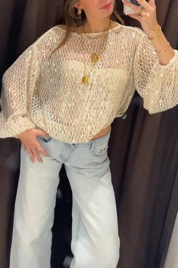 Shimmering Sequin Openwork Lantern Sleeve Blouse
