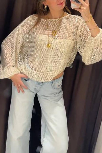 Shimmering Sequin Openwork Lantern Sleeve Blouse