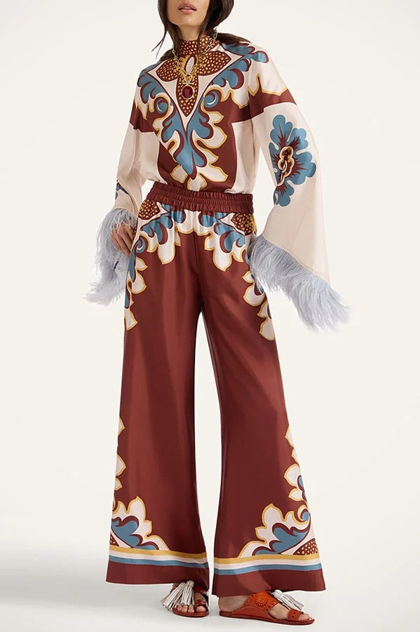 Bohemian Dreams Unique Print High Neck Feather Trim Bell Sleeve Top