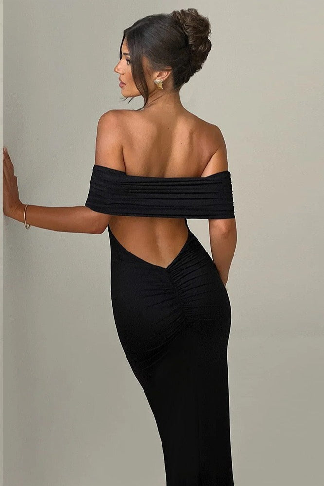 Off Shoulder Backless Bodycon Ruched Solid Formal Dress