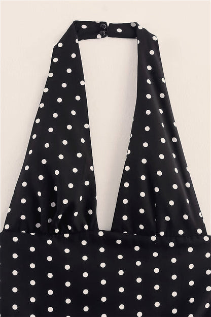 Polka Dot Halter Deep V-Neck Fit and Flare Mini Dress