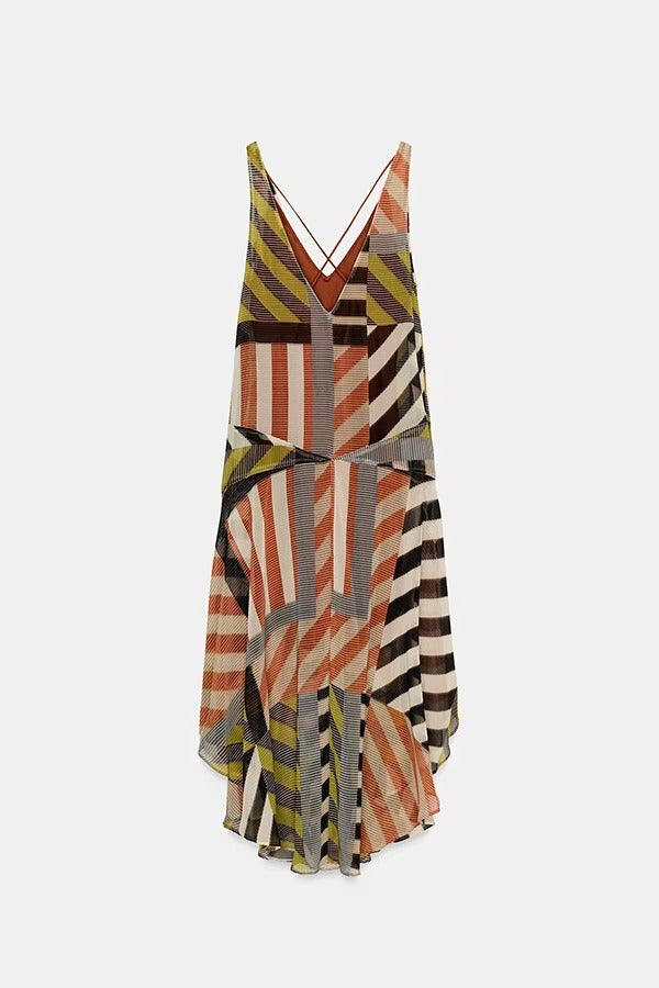 Khloe Patchwork Striped Color Block Print Wide Straps Asymmetric Hem Drape Midi Dress