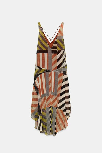 Khloe Patchwork Striped Color Block Print Wide Straps Asymmetric Hem Drape Midi Dress