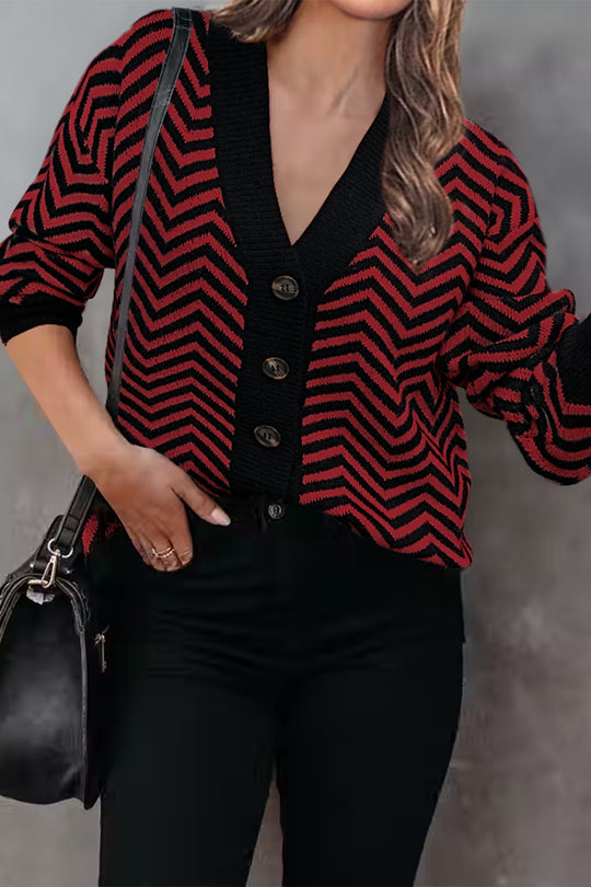 Long Sleeve V Neck Open Front Striped Knit Cardigan Sweaters