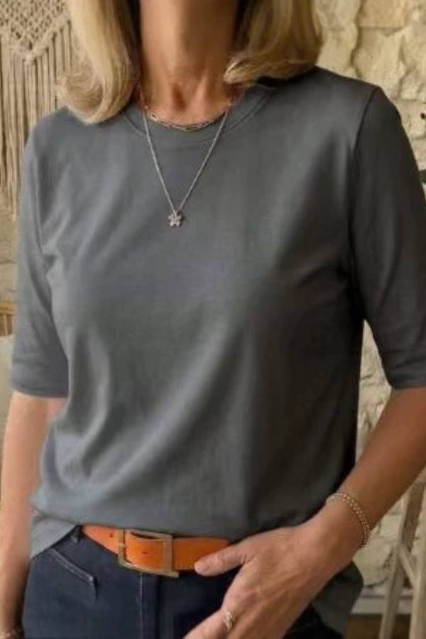 Basic Crew Neck Elbow-Length Sleeve T-Shirt