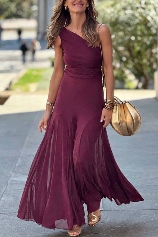 Burgundy One-Shoulder Tulle Ruched Waist Tiered Maxi Formal Dress