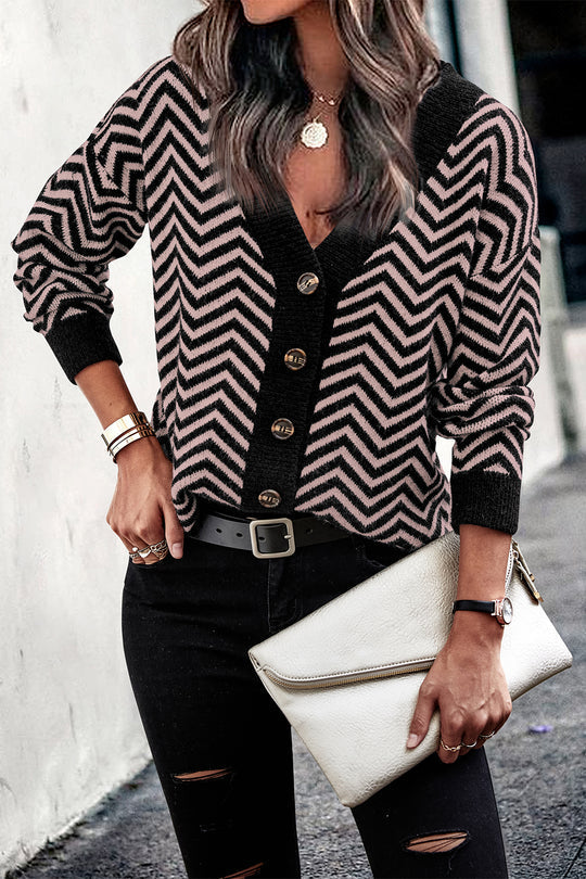 Long Sleeve V Neck Open Front Striped Knit Cardigan Sweaters