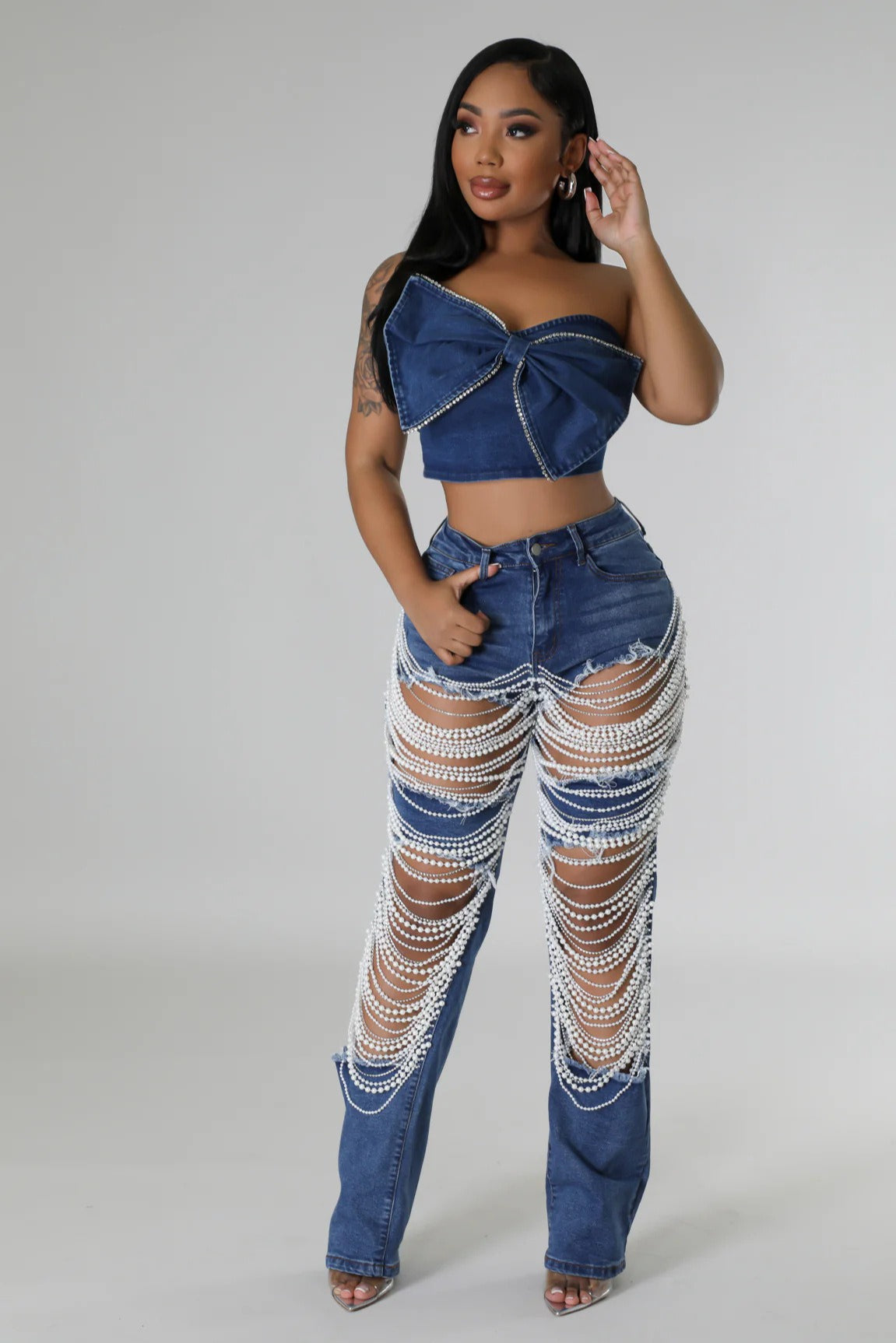 Large Ripped Chain Beaded Accent Straight Denim Jeans