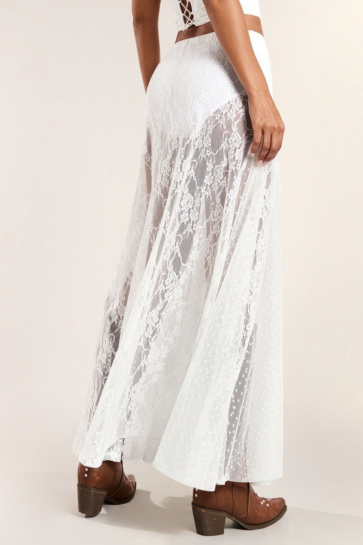 Lace Print Sheer Low Waist Maxi Boho Skirt