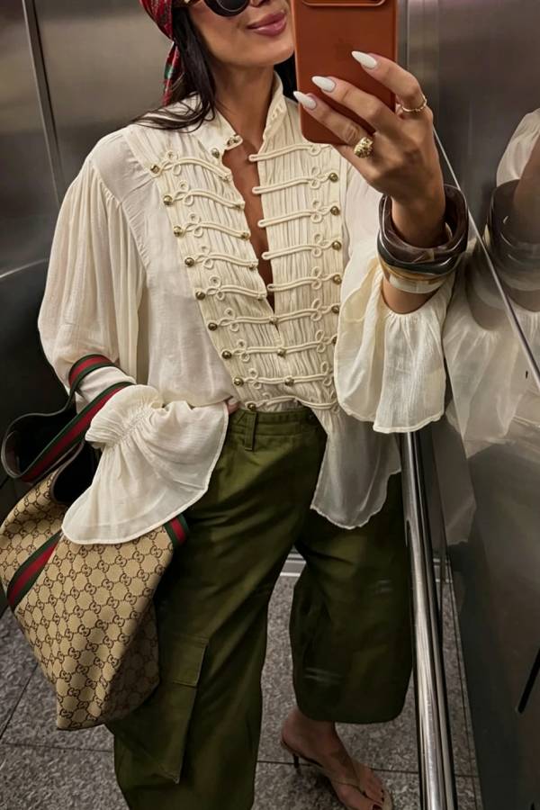 French Romantic Metal Button-down Pleated Ruffle Sleeve Napoleon Shirt