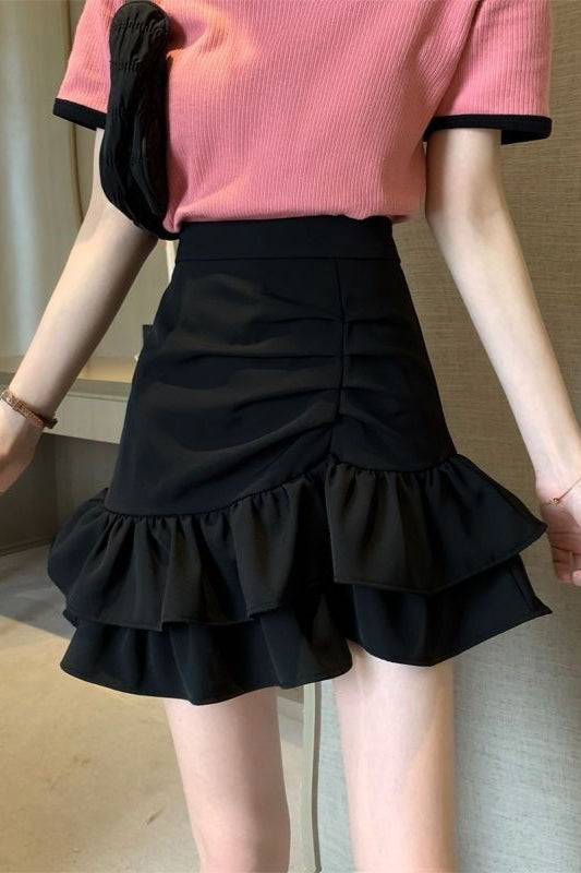 High Waist Pink Flounce Hem Asymmetrical Skirt