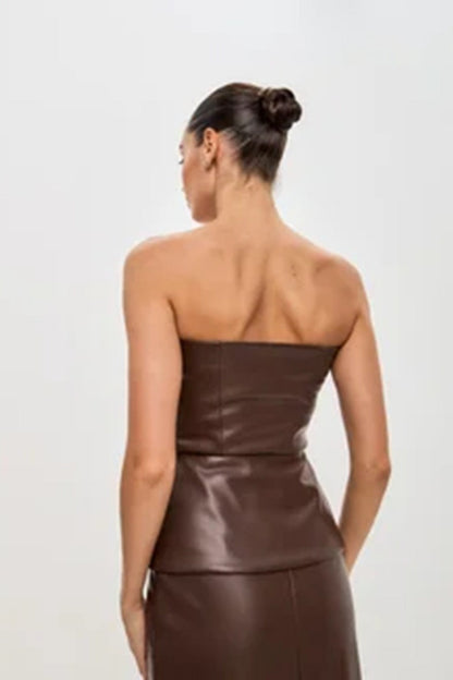 PU Leather Single Breasted Strapless Bustier Tube Top