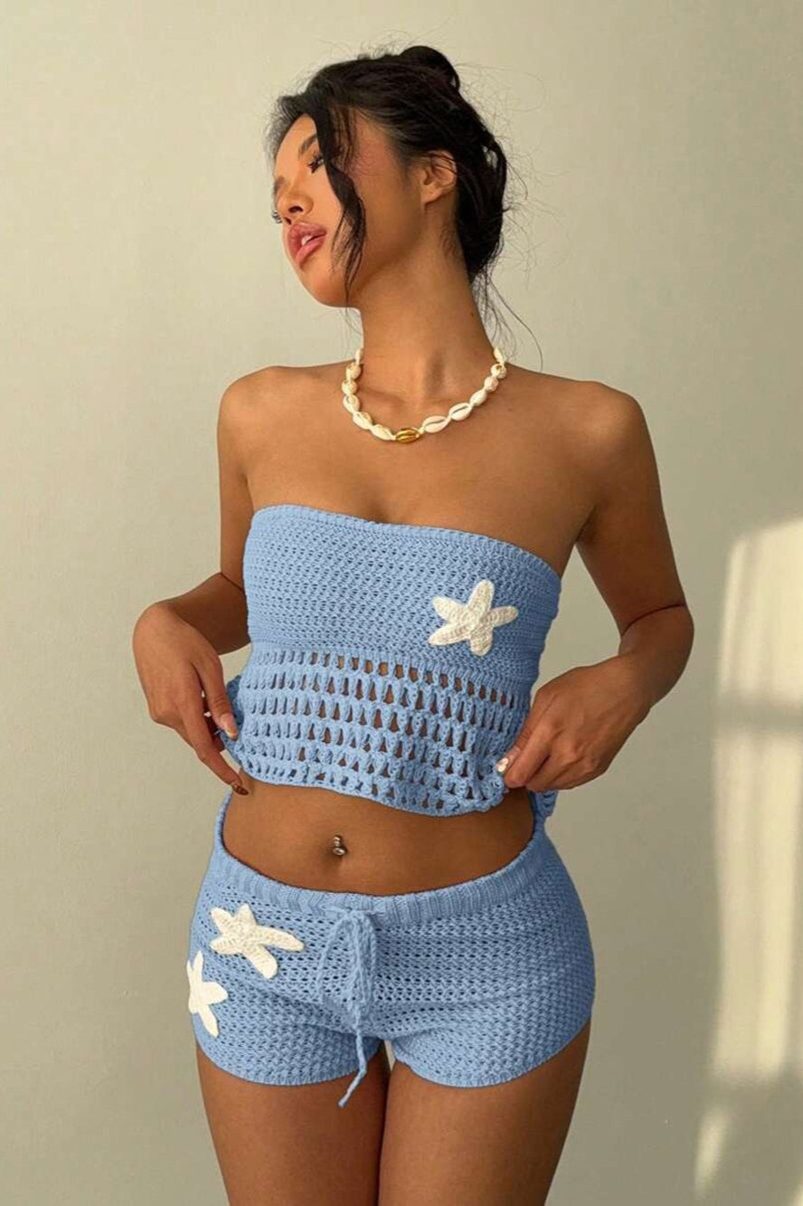 Floral Knit Crochet Crop Bodycon Shorts Set