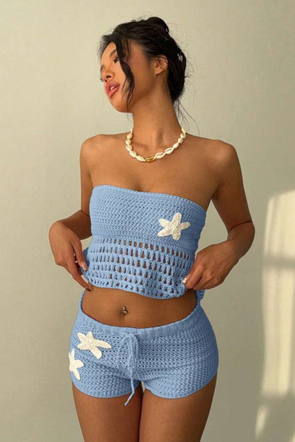 Floral Knit Crochet Crop Bodycon Shorts Set