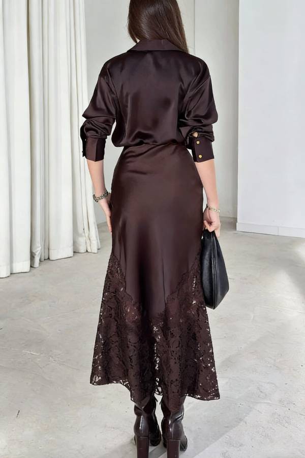 Solid Color Silk Satin and Lace Spliced elegant Maxi Skirt