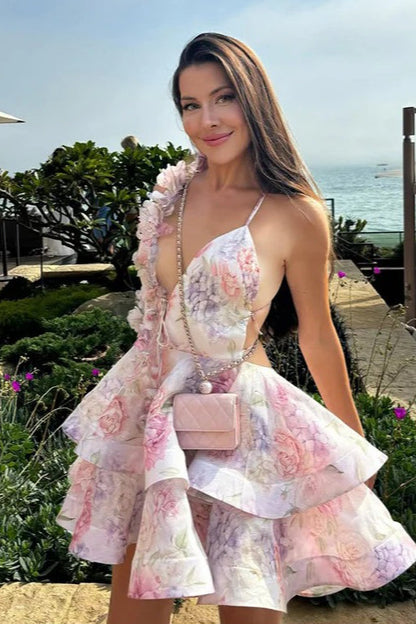 Plunging V-Neck Spaghetti Strap Floral Applique Cutout Open Back Tiered Mini Dress