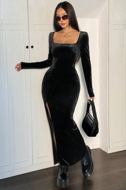 Square Neck Long Sleeve Velvet High Thigh Slit Bodycon Maxi Dress