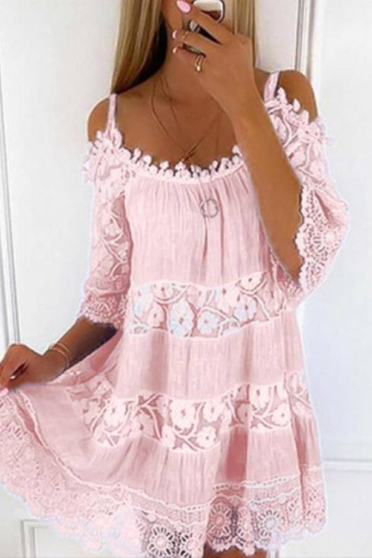 Multi-Color Off-the-Shoulder Lace Splicing Dress