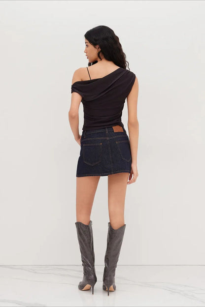 One Shoulder Mesh Ruched Printed Crop Top