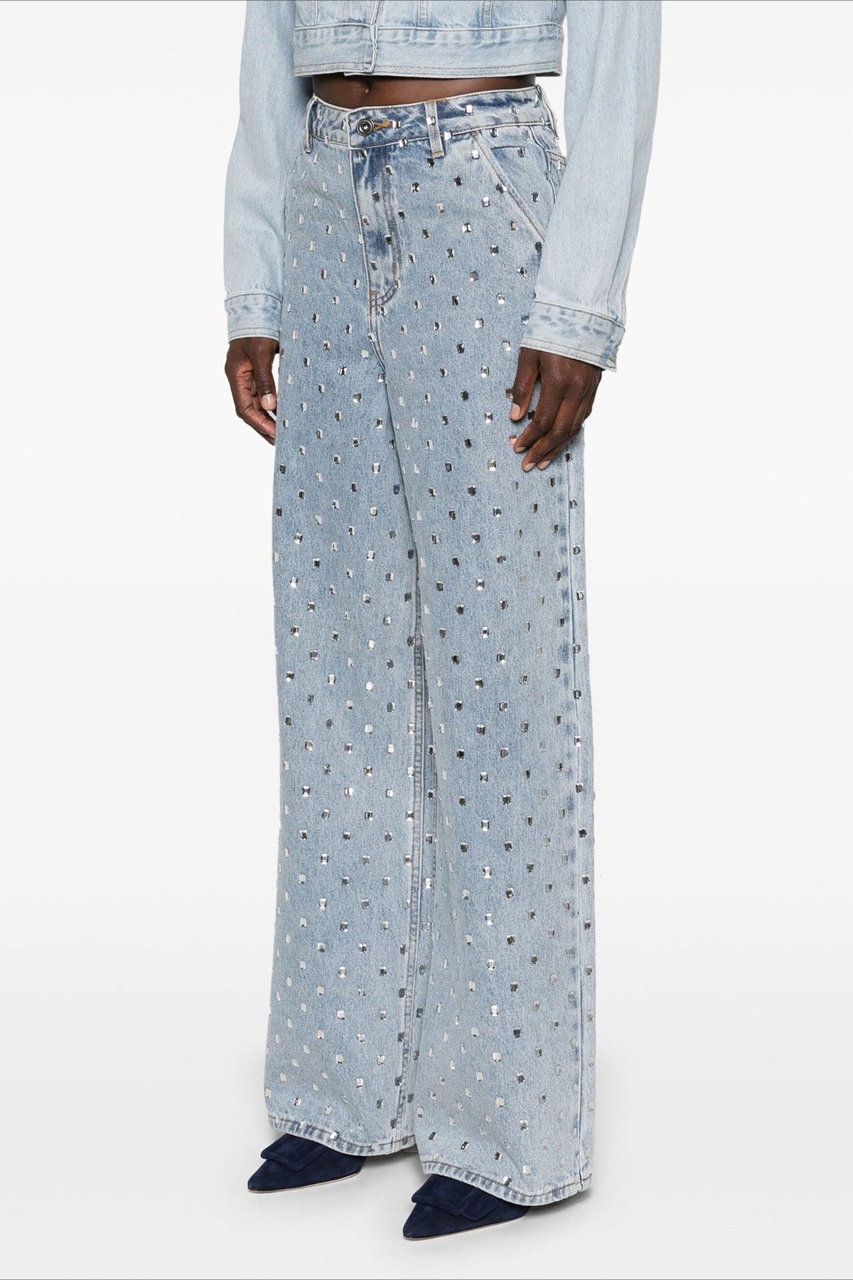 Rhinestone High Waist Denim Wide Leg Jeans