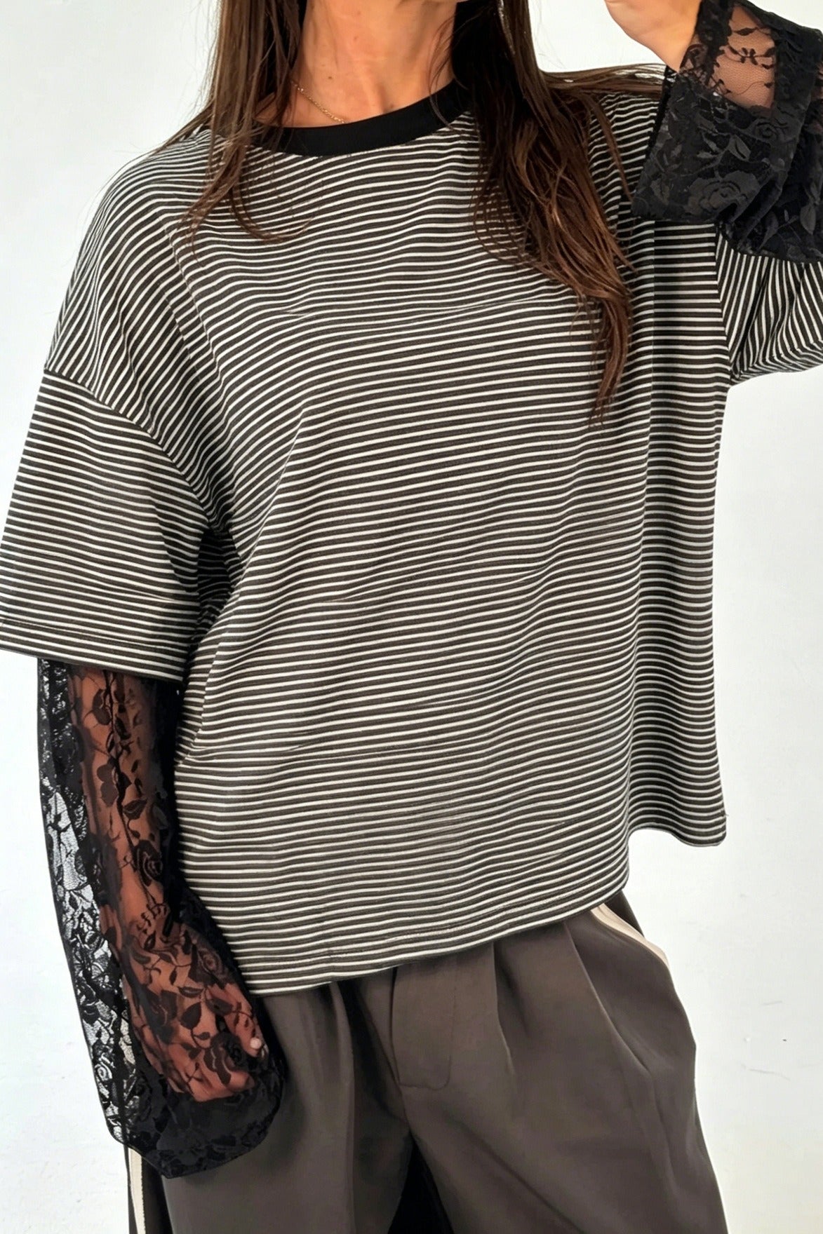 Lace Sleeve Striped Layered Tee