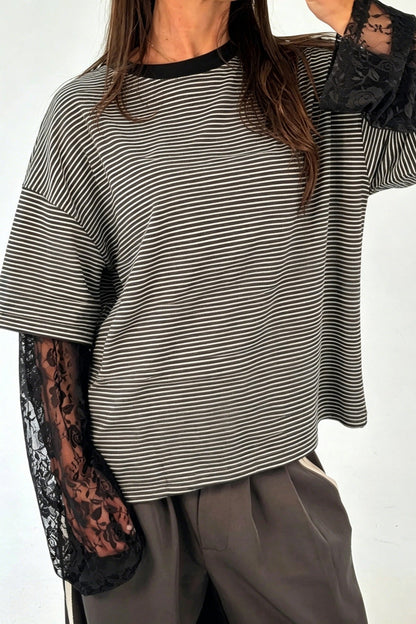 Lace Sleeve Striped Layered Tee