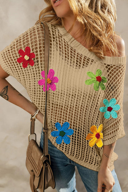 Hollowed Crochet Colorful Flower Loose Knit T Shirt
