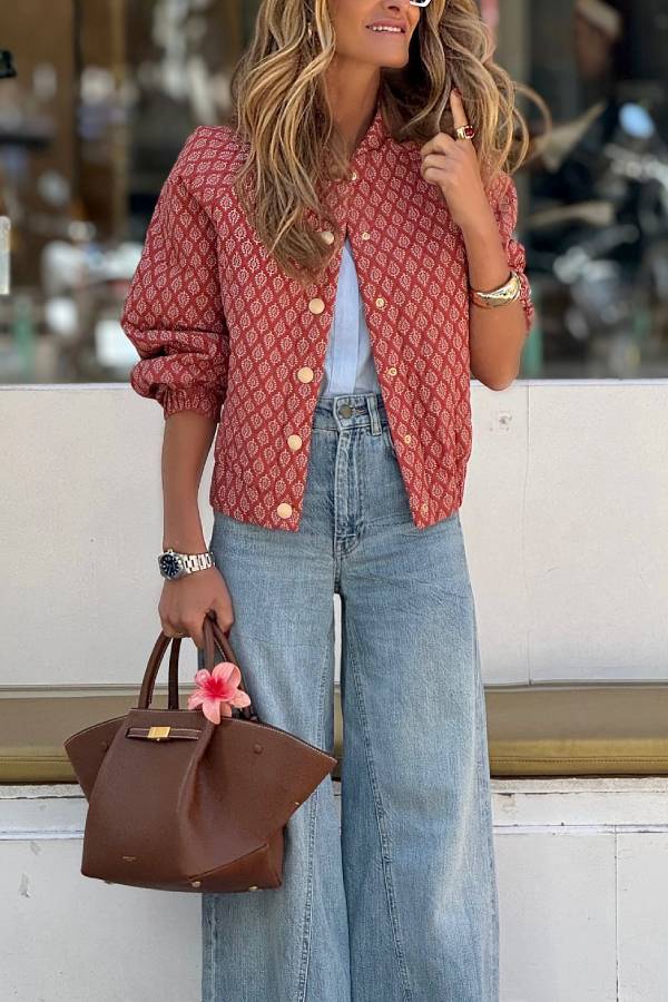 Red and brown paisley print cropped jacket with gold buttons
