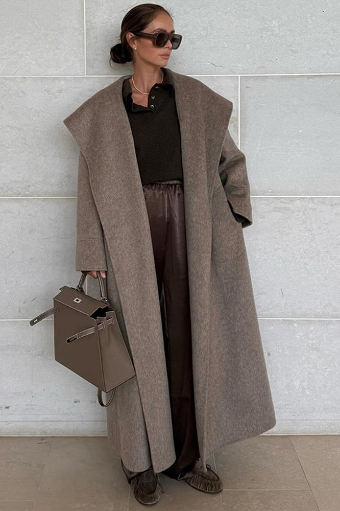 Wool Wide Lapel Cinched Waist Long Overcoat