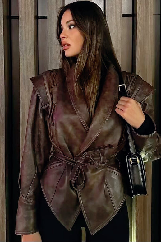 Shawl Collar Belted Leather Jacket