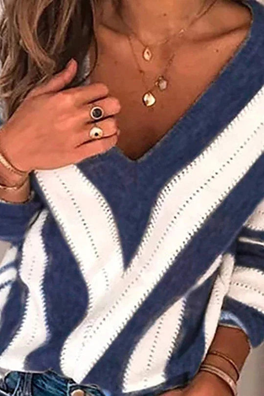 V Neck Stripe Color Block Loose Oversized Pullover Sweater