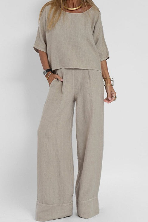 Plus Size Casual Solid Color Linen Pants Set