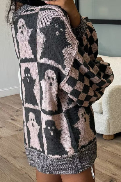 Halloween Ghost & Checkerboard Oversized Knit Sweater