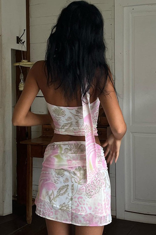 Pink Halter Cropped Print Bodycon Skirt Set