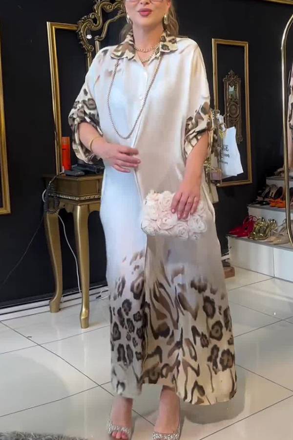 Spliced Leopard Print Shiny Satin Long Shirt Dress