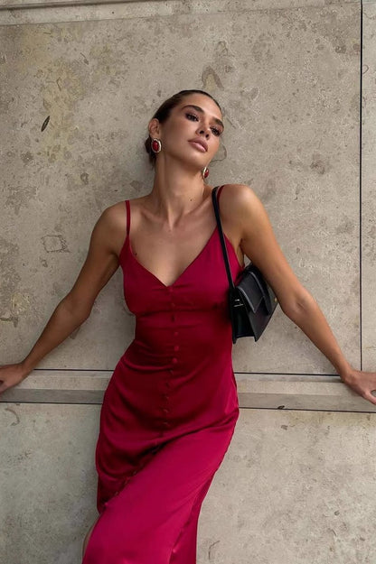 Solid Lace-Trim Cami Maxi Silk Dress