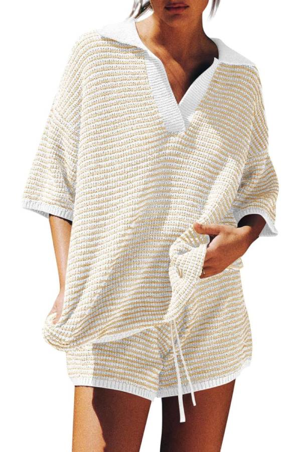 Striped Polo Neck Knit Set