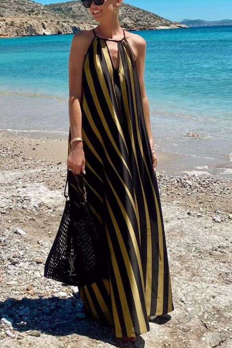 Striped Print V-Neck Loose Beach Vacation Maxi Dress