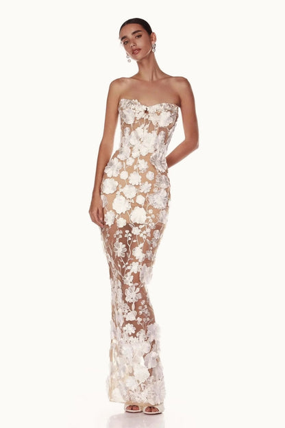 Elegant Strapless 3D Floral Embroidery Floral Dress