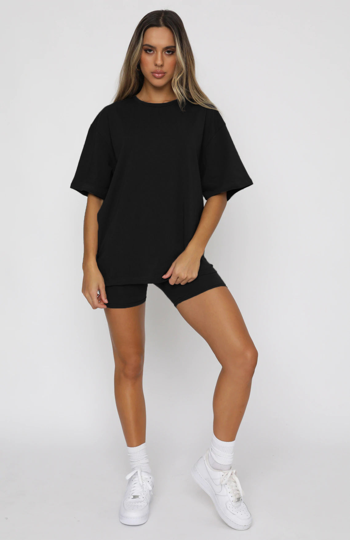 Summer Solid Color Short Sleeve round Neck Pullover Top Urban Casual Shorts Suit Women