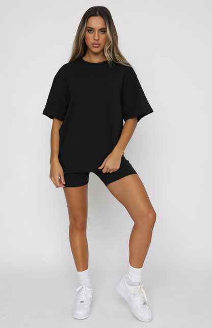 Summer Solid Color Short Sleeve round Neck Pullover Top Urban Casual Shorts Suit Women