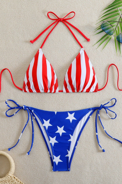 Halter Triangle Tie US Flag Bikini Set