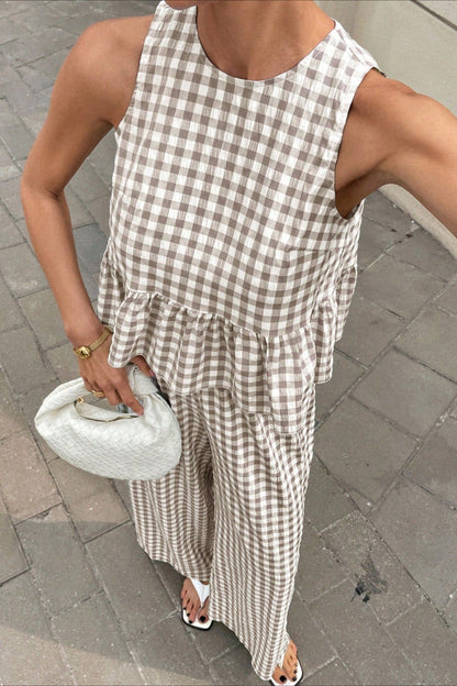Plaid Ruffle Hem Round Neck Sleeveless Pants Set