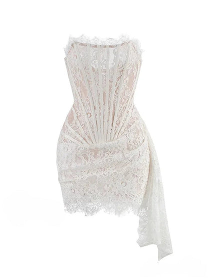 Lace Strapless Corset Eyelash Trim Draped Sash Mini Dress