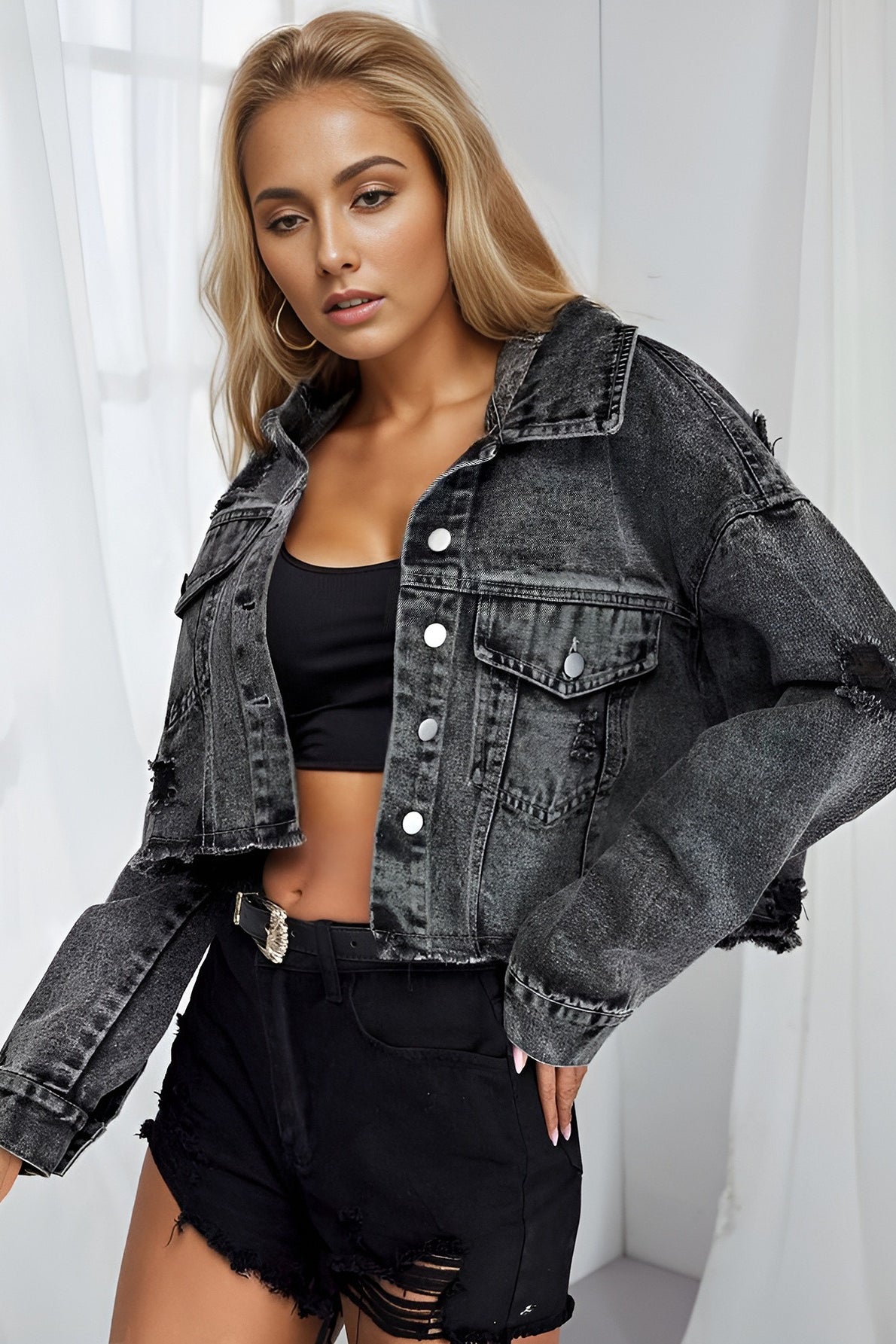 Distressed Raw Hem Denim Jacket