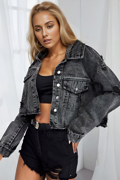 Distressed Raw Hem Denim Jacket