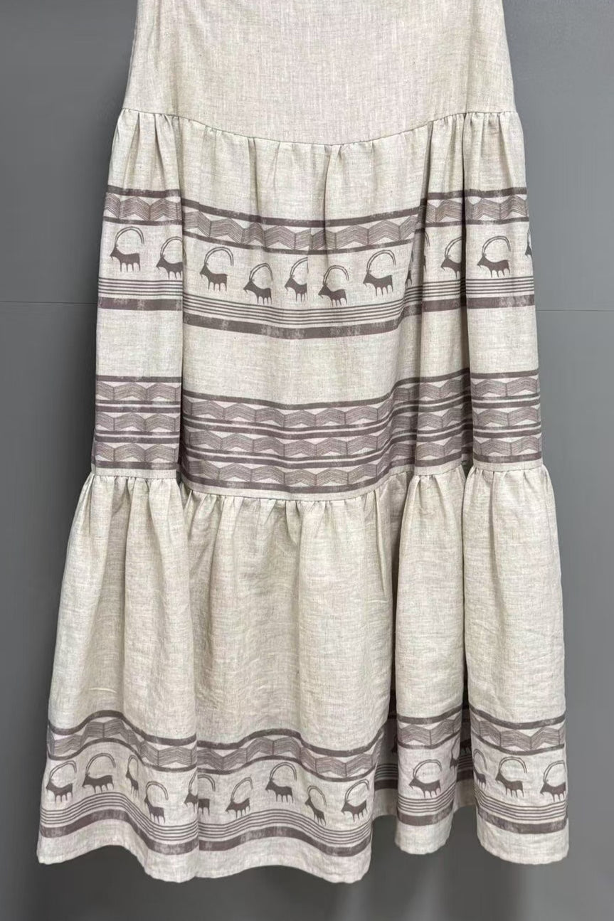 Printed Linen High Waist A Line Boho Skirt
