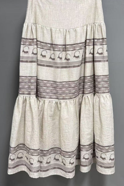 Printed Linen High Waist A Line Boho Skirt